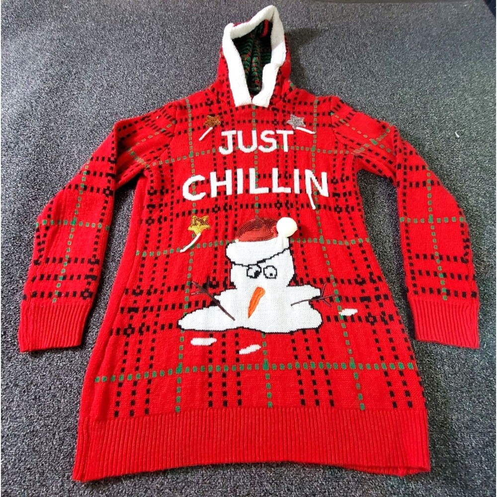 NOBO Christmas Sweater Women's XXL 19 Red Plaid Fleece Trim Hoodie Snowman